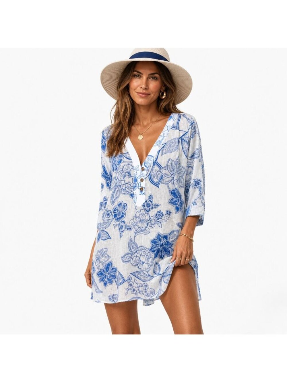 Floral Blue White Tunic Swim Cover-up Dress Resort Travel 100% Cotton Beach L